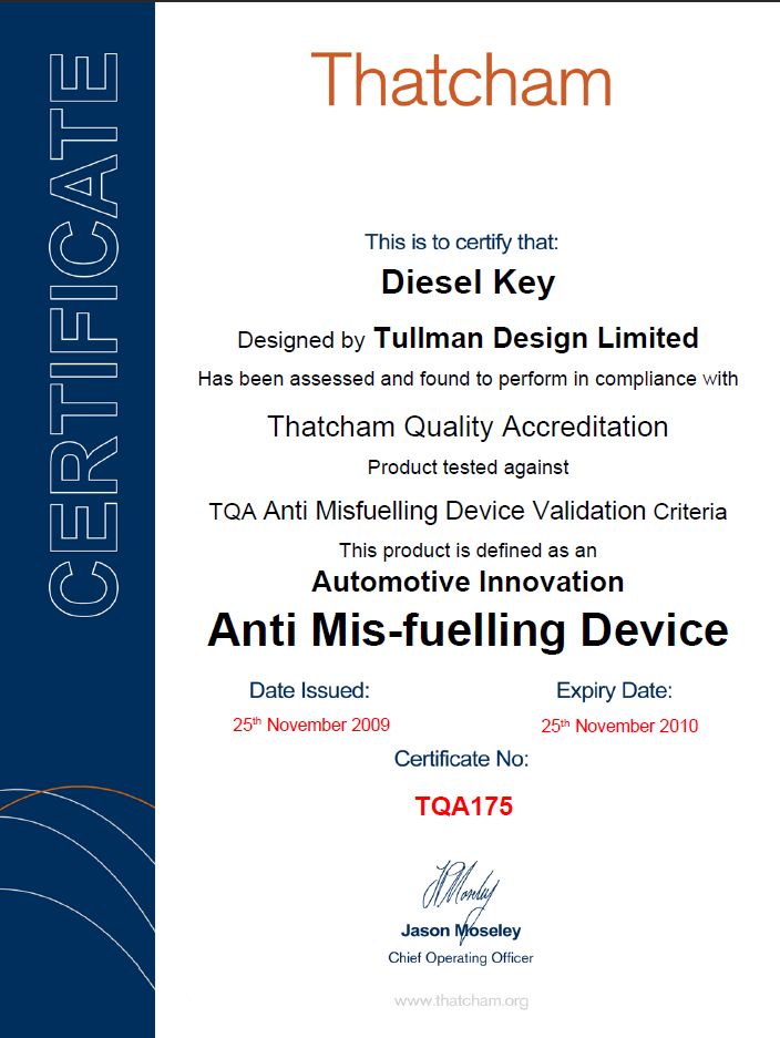 DieselKey Thatcham Certificate
